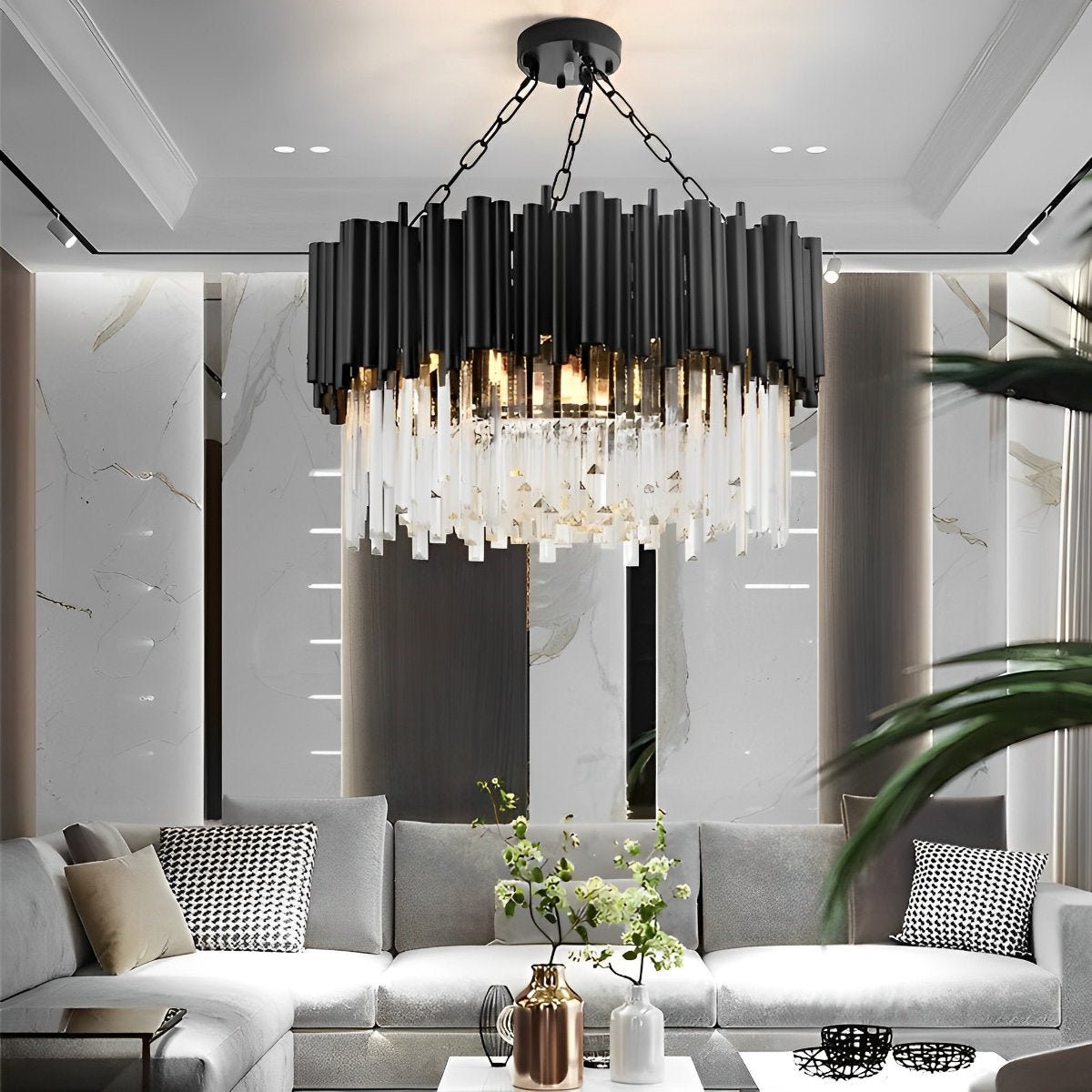 Circular Clear Crystal Metal Black Modern Chandelier Pendant Lamp
