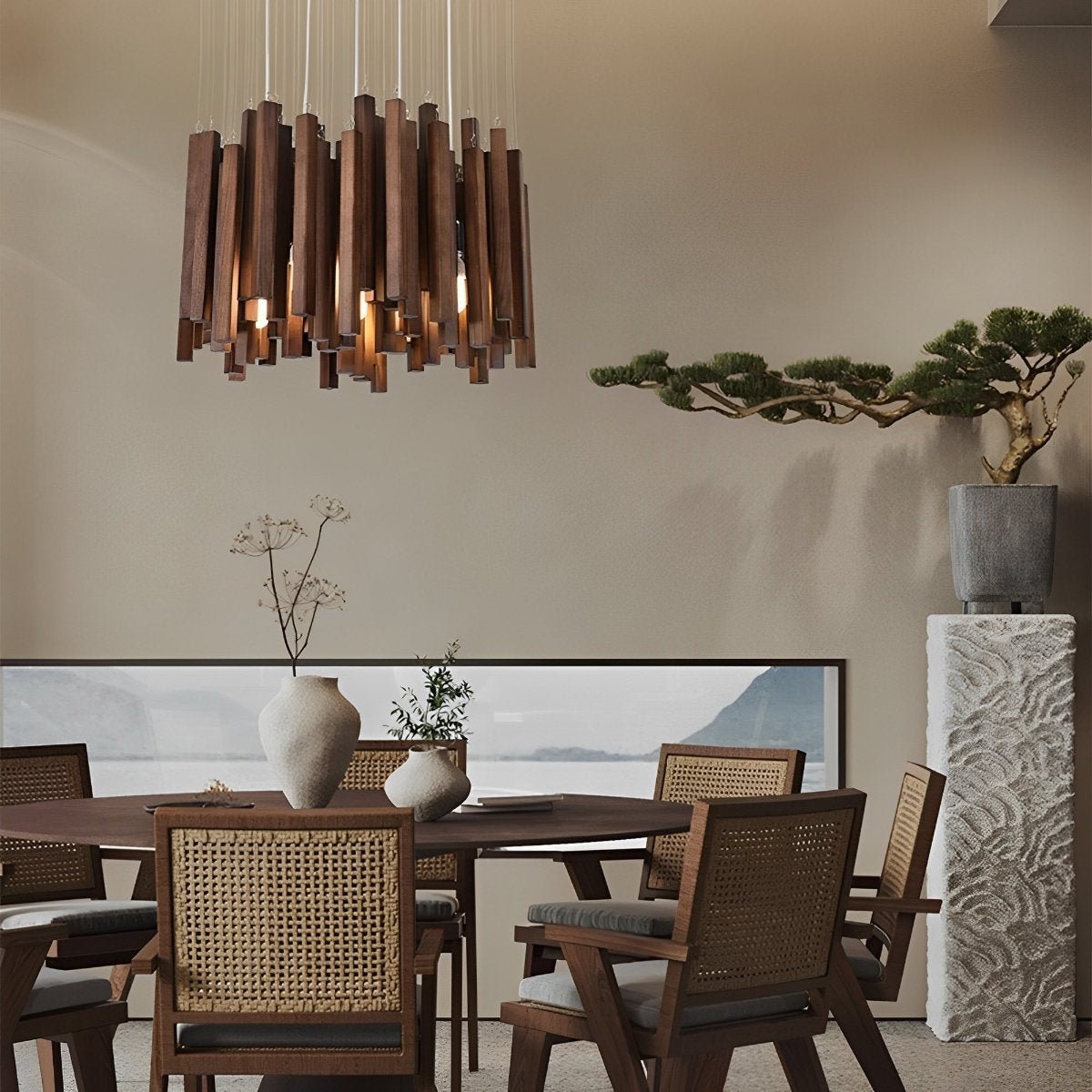 Modern Minimalist Wood Firewood Stick Chandelier Light