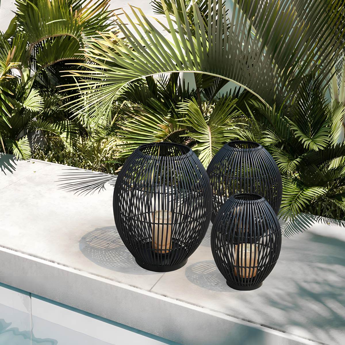 Outdoor Black Handwoven LED Candle Lantern Floor Lamp