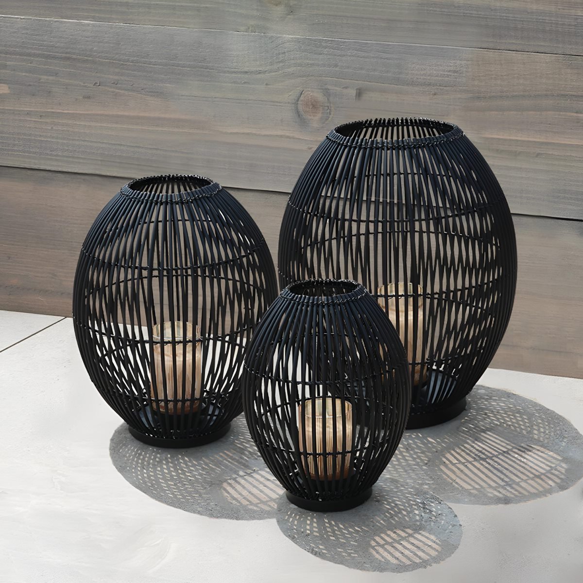 Outdoor Black Handwoven LED Candle Lantern Floor Lamp
