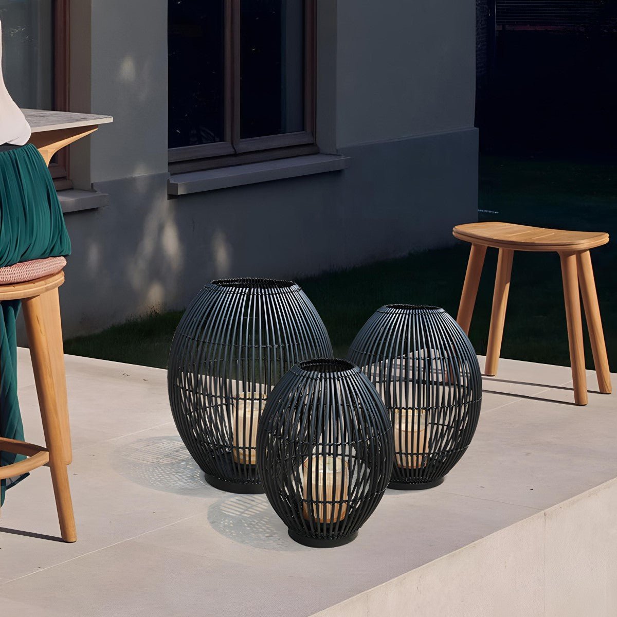 Outdoor Black Handwoven LED Candle Lantern Floor Lamp