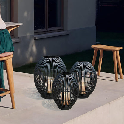 Outdoor Black Handwoven LED Candle Lantern Floor Lamp