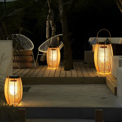 Portable Lantern Rattan LED Waterproof Solar Outdoor Lights Floor Lamp