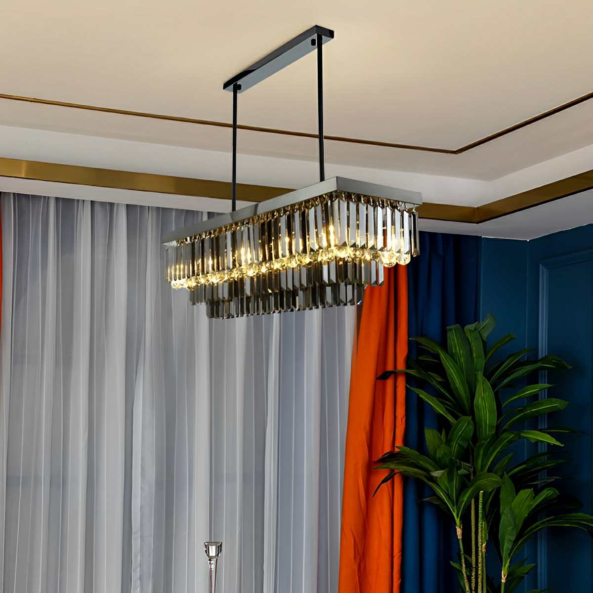 Rectangular Crystal LED 3 Color Modes Smoke Gray Modern Chandelier