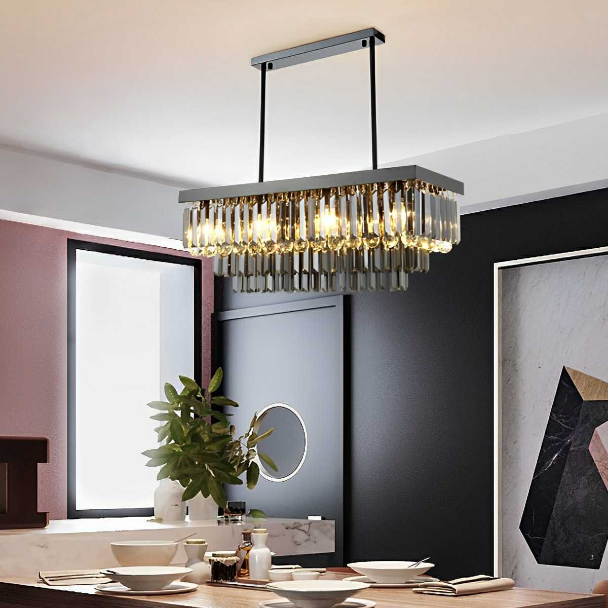 Rectangular Crystal LED 3 Color Modes Smoke Gray Modern Chandelier