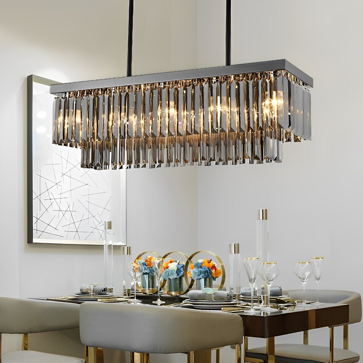 Rectangular Crystal LED 3 Color Modes Smoke Gray Modern Chandelier