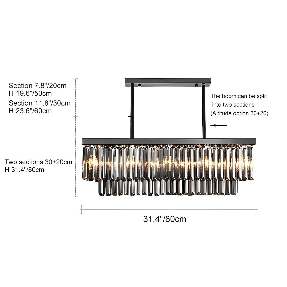 Rectangular Crystal LED 3 Color Modes Smoke Gray Modern Chandelier