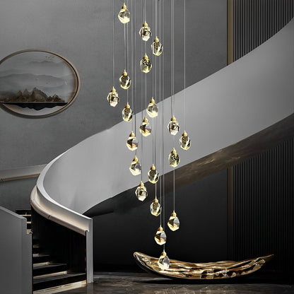 Spiral Crystal Droplets Metal Modern Duplex Staircase Pendant Chandelier