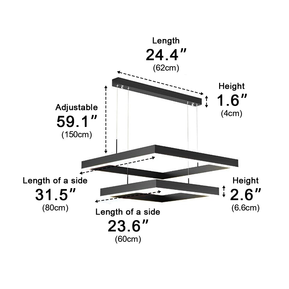 Square Minimalist Dimmable LED Black Modern Chandelier with Remote Control
