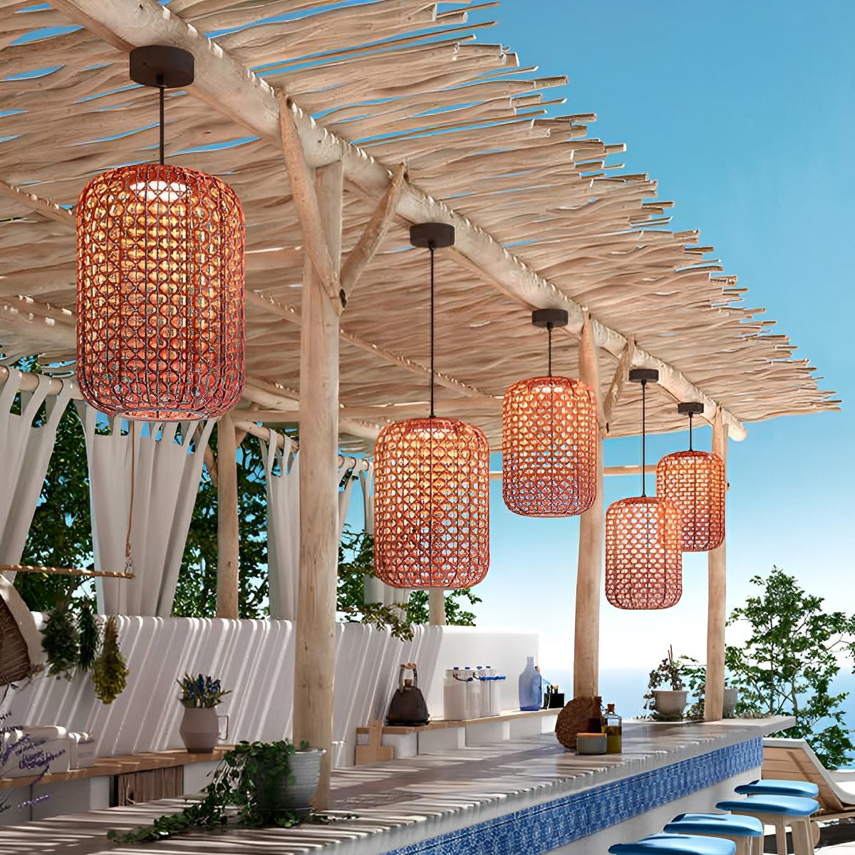 Vintage Waterproof Rattan LED Outdoor Ceiling Lights Lanterns